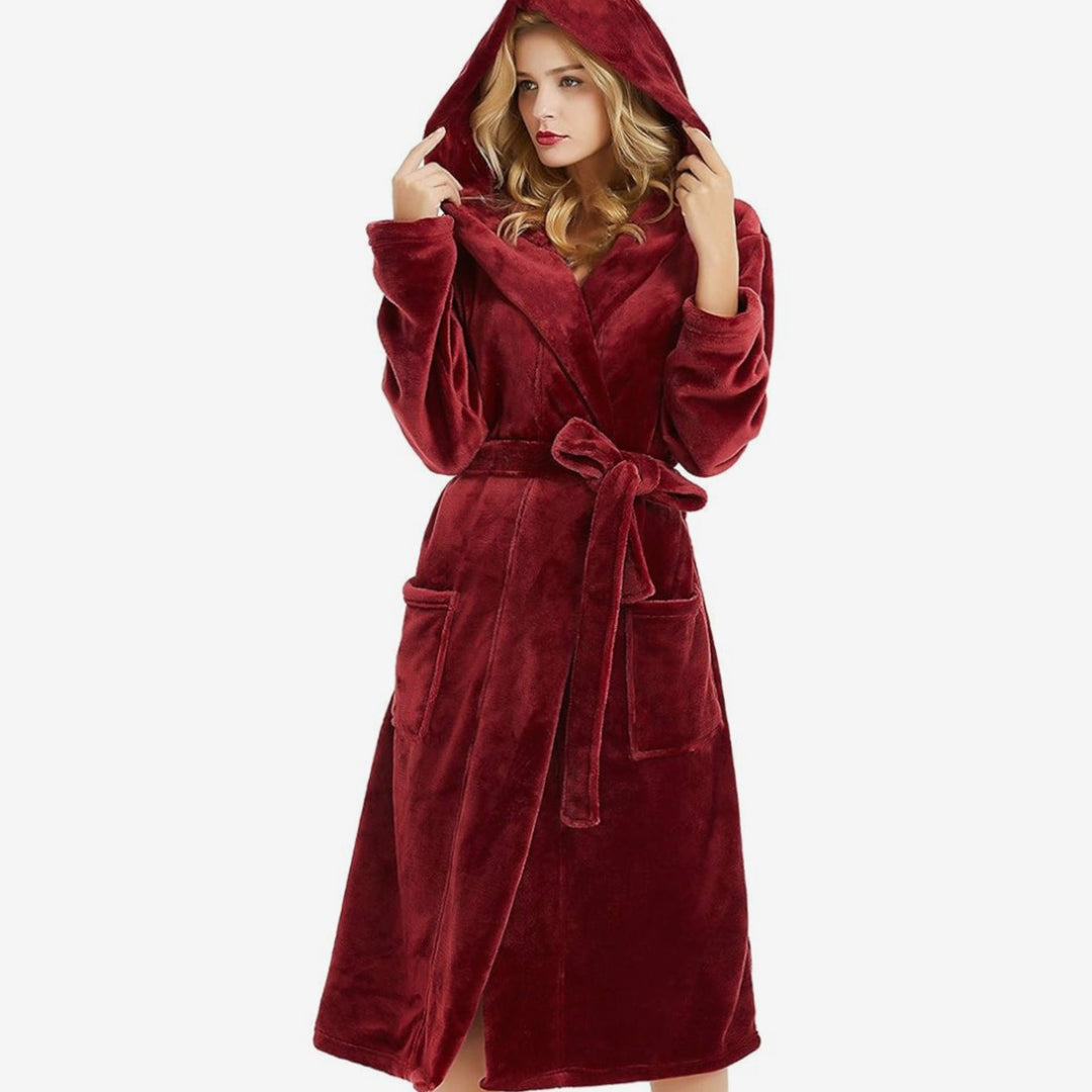 Women's Hooded Plush Fleece Long Bathrobe - Bordeaux Red