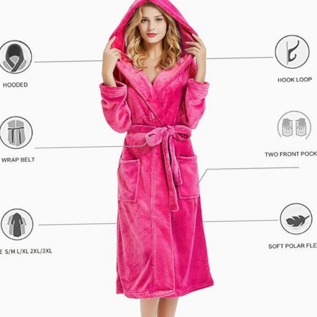 Women's Hooded Plush Fleece Long Bathrobe