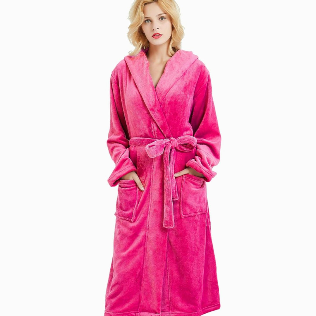 Women's Hooded Plush Fleece Long Bathrobe