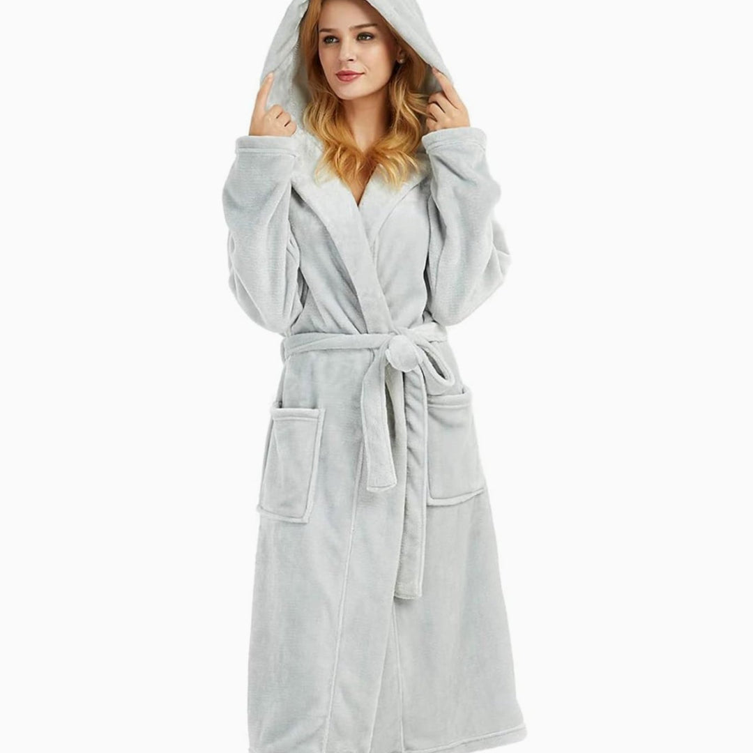 Women's Hooded Plush Fleece Long Bathrobe - Light Gray