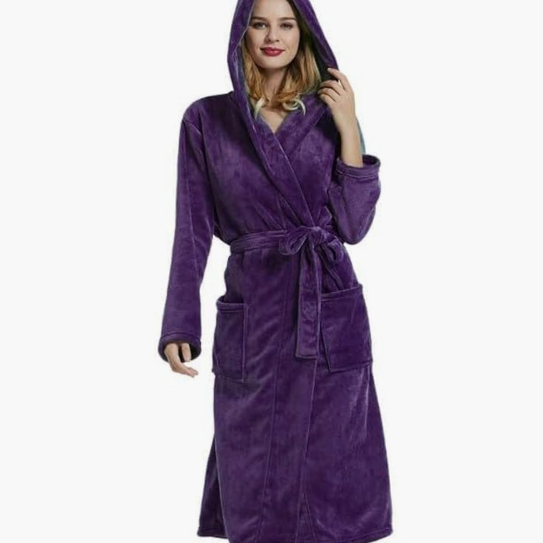 Women's Hooded Plush Fleece Long Bathrobe - Dark Purple