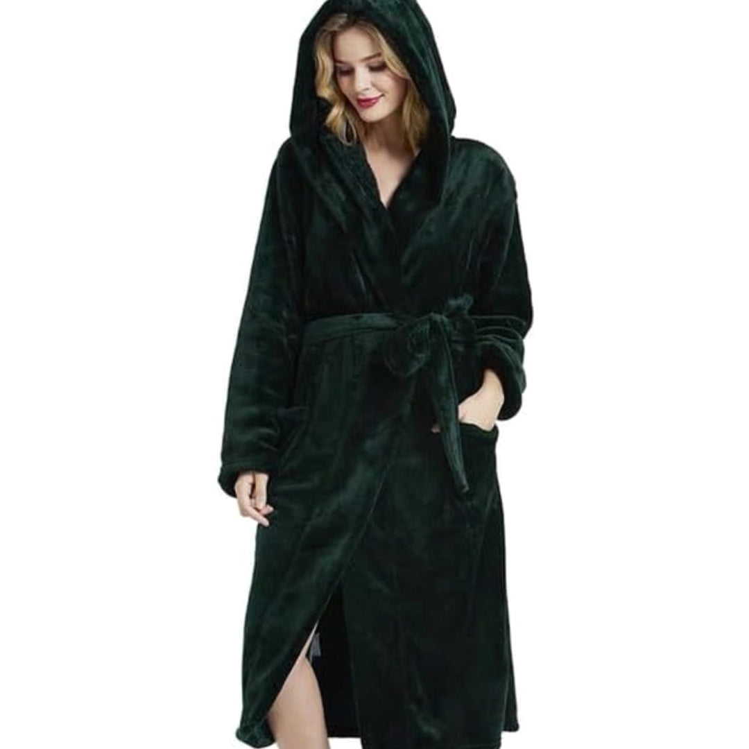 Women's Hooded Plush Fleece Long Bathrobe - Dark Green