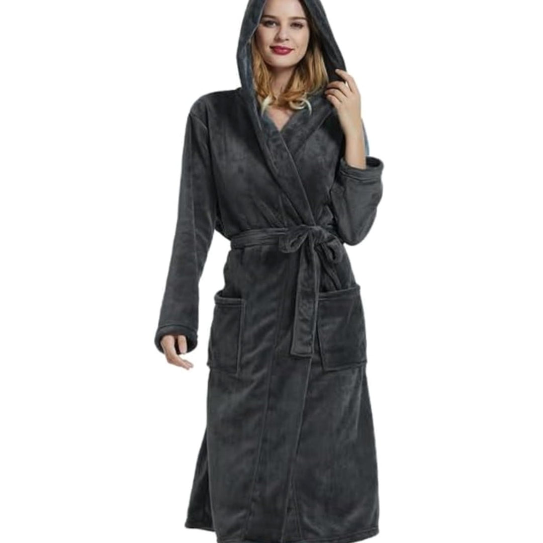 Women's Hooded Plush Fleece Long Bathrobe - Dark Gray