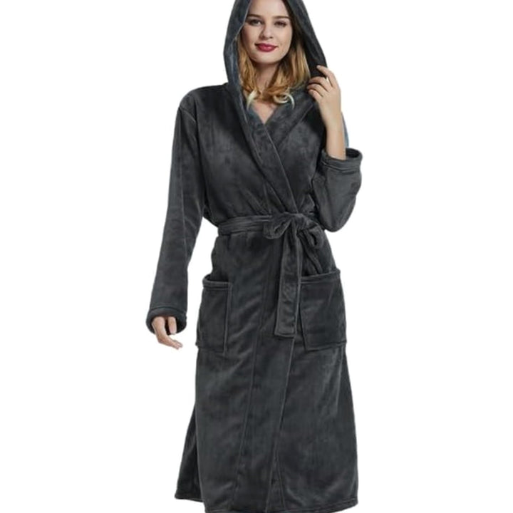 Women's Hooded Plush Fleece Long Bathrobe - Dark Gray