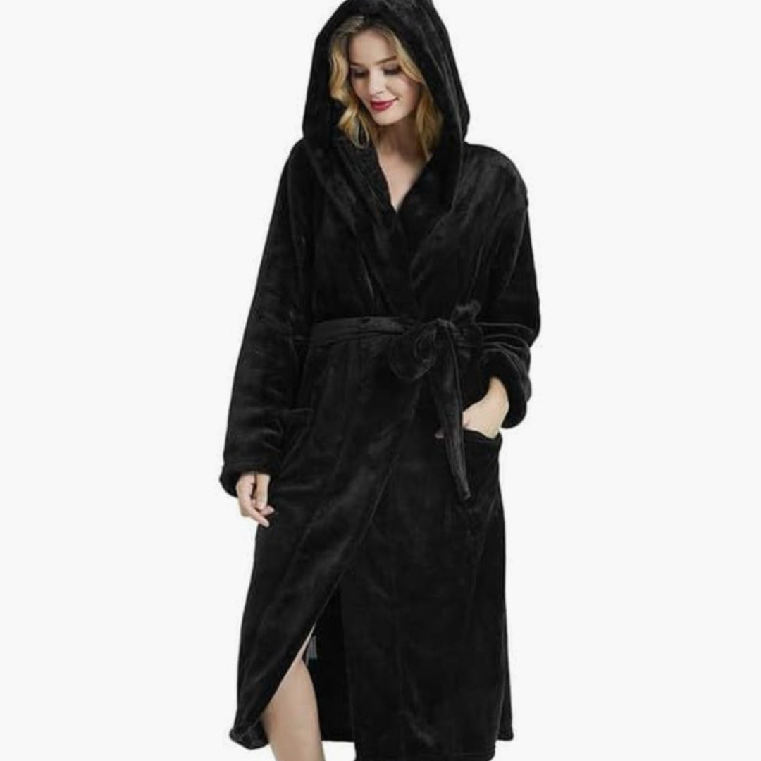 Women's Hooded Plush Fleece Long Bathrobe - Black
