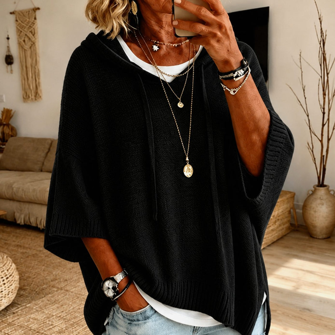 Women's Hooded Poncho Knit Sweater Batwing Oversized Pullover