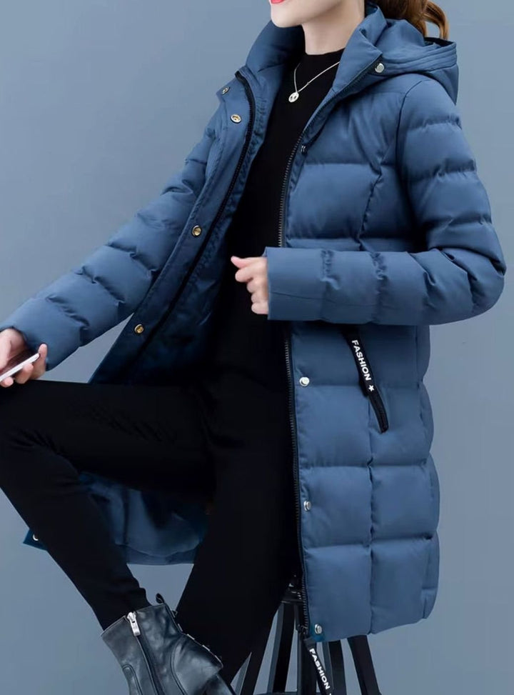 Women's Hooded Quilted Puffer Coat Mid-Length Zip-Up Jacket - Blue