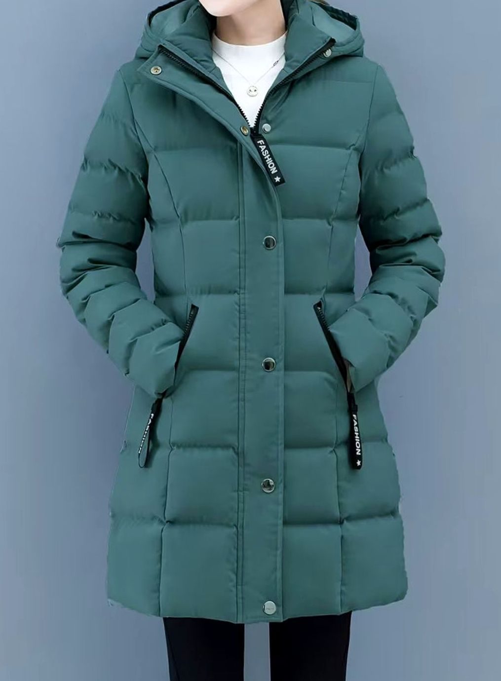 Women's Hooded Quilted Puffer Coat Mid-Length Zip-Up Jacket - Green