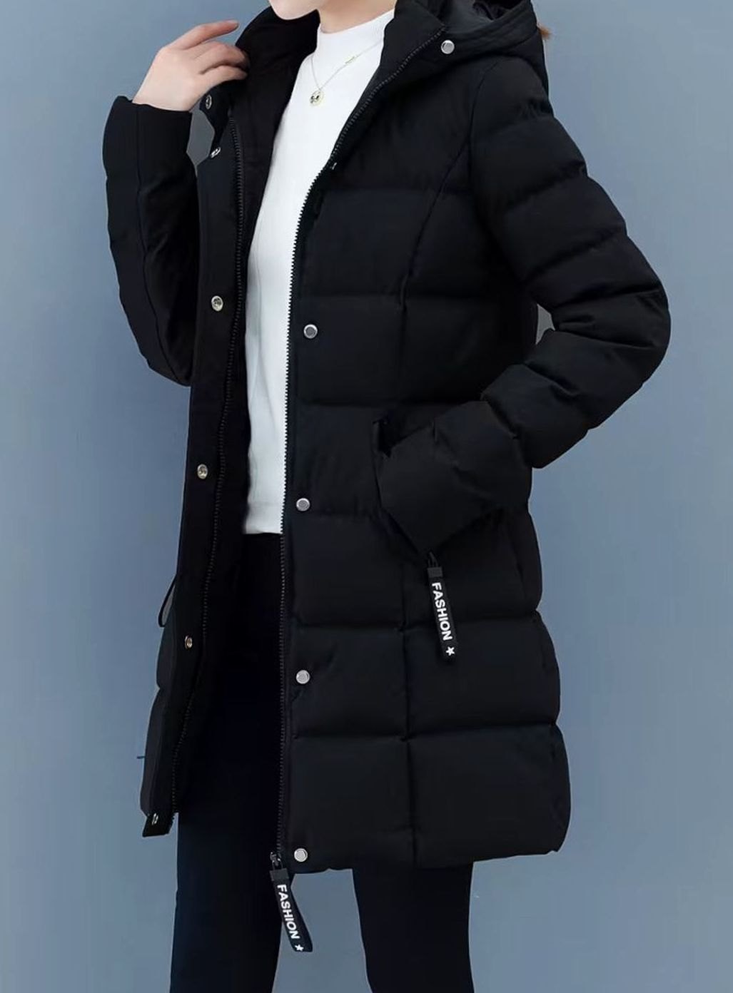 Women's Hooded Quilted Puffer Coat Mid-Length Zip-Up Jacket - Black