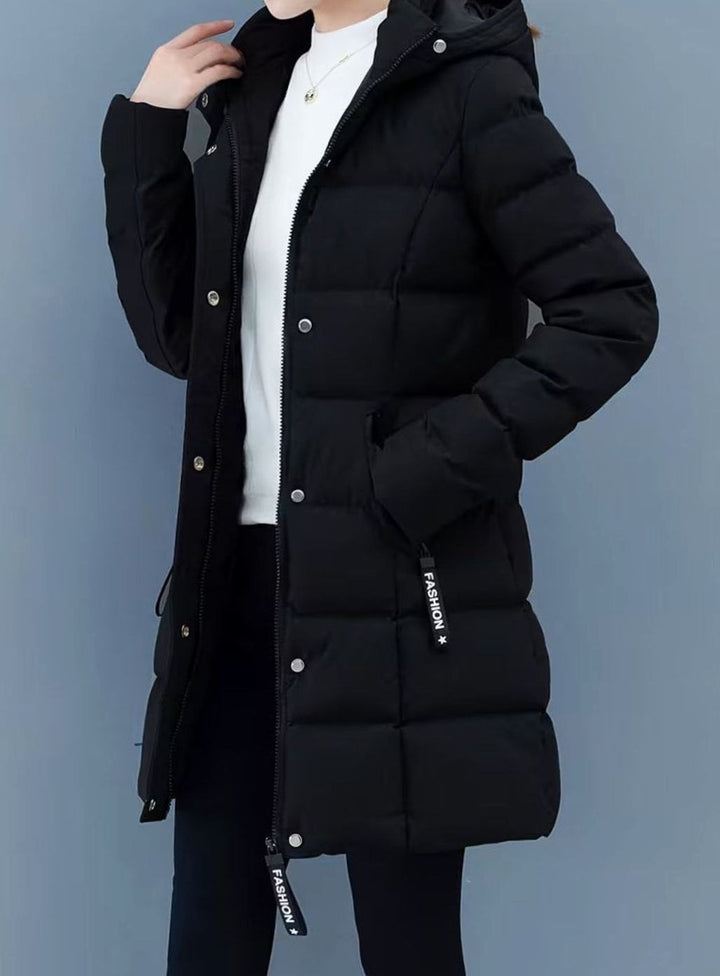 Women's Hooded Quilted Puffer Coat Mid-Length Zip-Up Jacket - Black