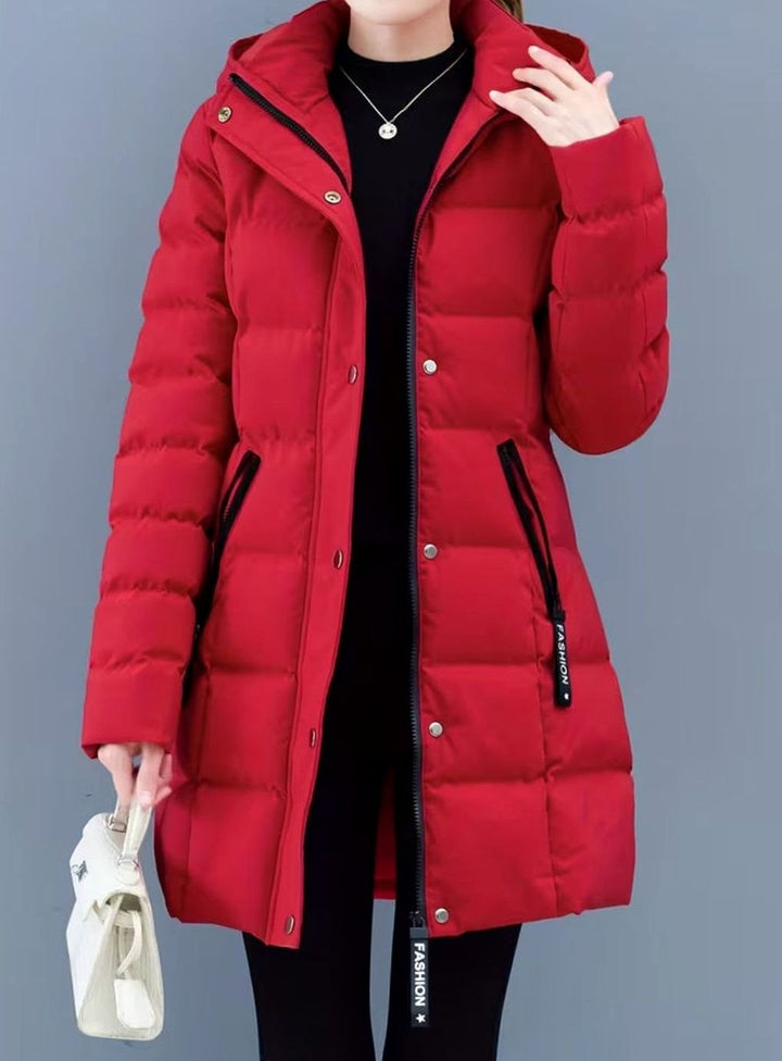 Women's Hooded Quilted Puffer Coat Mid-Length Zip-Up Jacket - Red