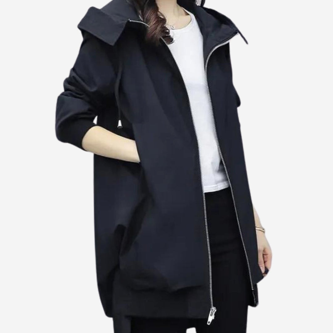 Women's Hooded Zip-Front Mid-Length Windbreaker Jacket - Black