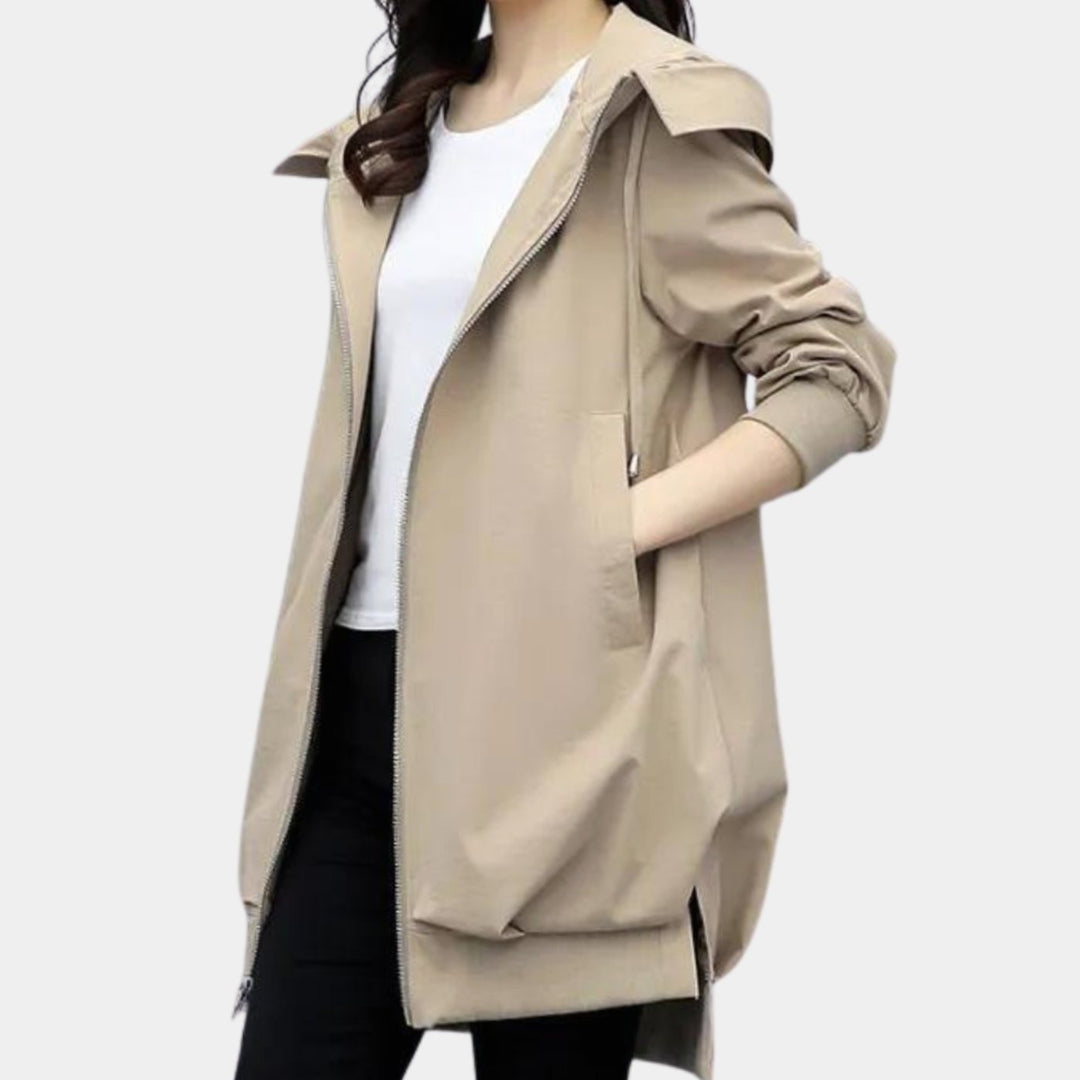 Women's Hooded Zip-Front Mid-Length Windbreaker Jacket - Khaki
