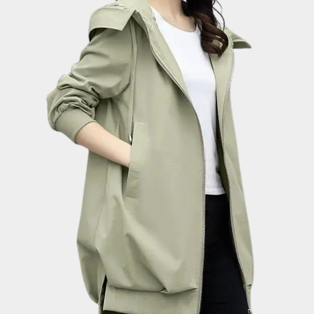 Women's Hooded Zip-Front Mid-Length Windbreaker Jacket - Green