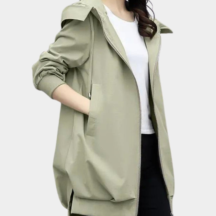 Women's Hooded Zip-Front Mid-Length Windbreaker Jacket - Green