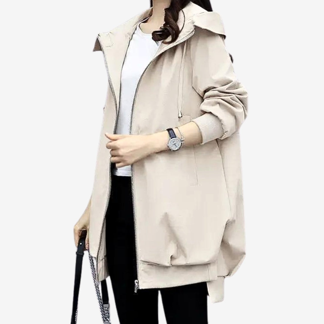 Women's Hooded Zip-Front Mid-Length Windbreaker Jacket - Beige