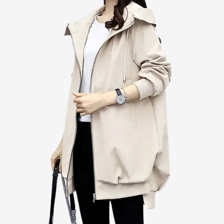 Women's Hooded Zip-Front Mid-Length Windbreaker Jacket - Beige
