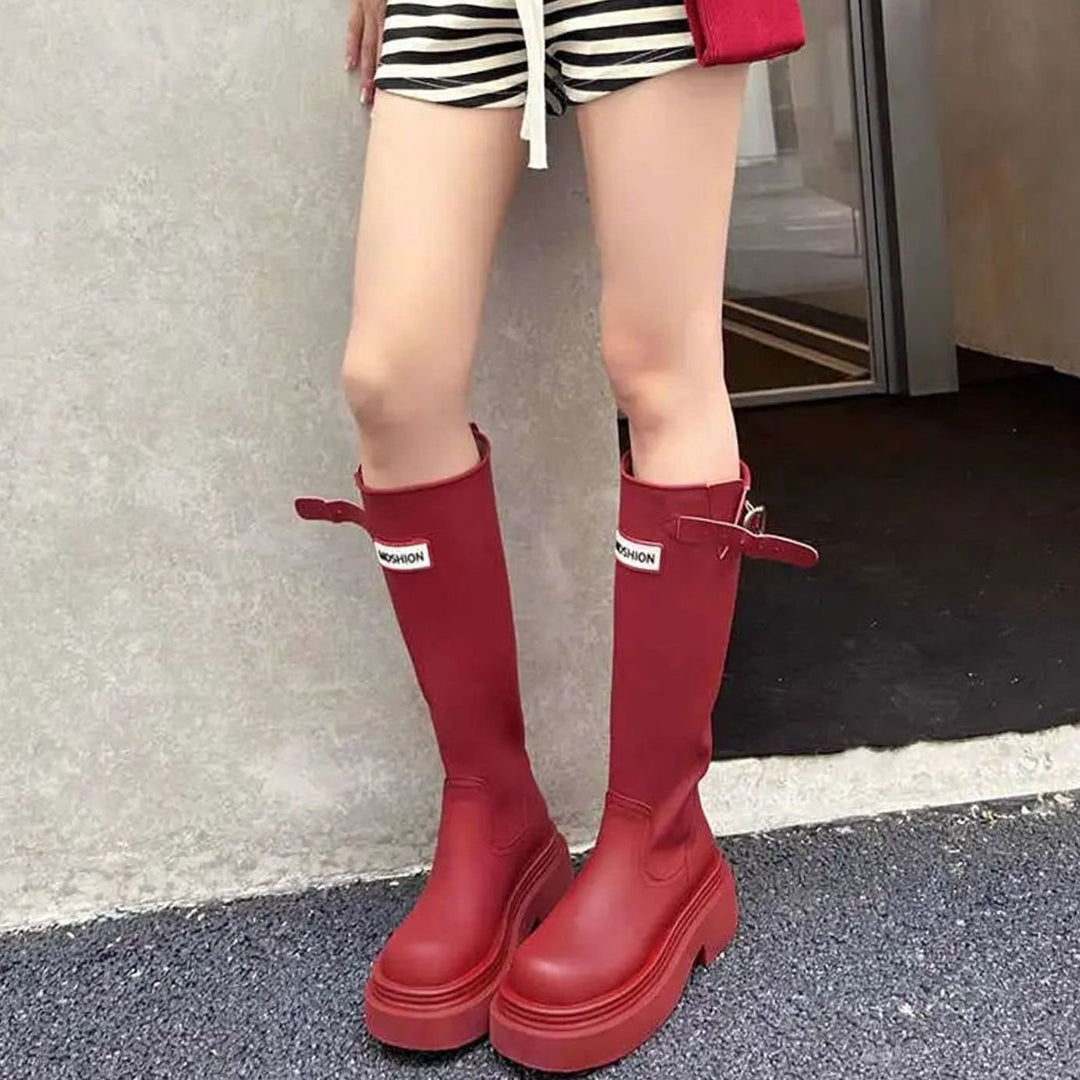Women's Knee-High Lug Sole Waterproof Rain Boots - Red