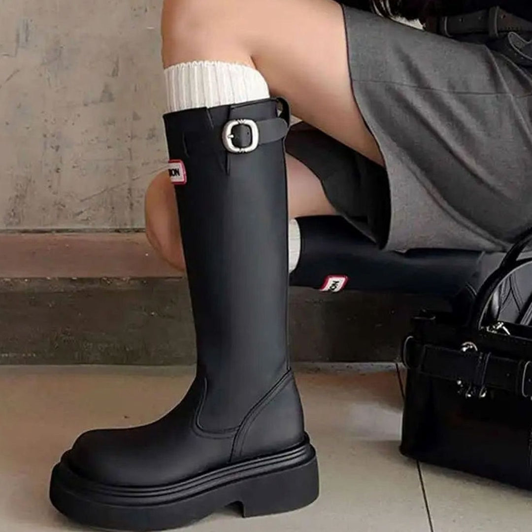 Women's Knee-High Lug Sole Waterproof Rain Boots - Black