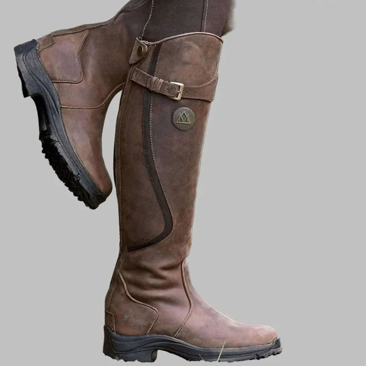 Women's Knee High Orthopaedic Leather Boots Cushioned Footbed - Dark Brown