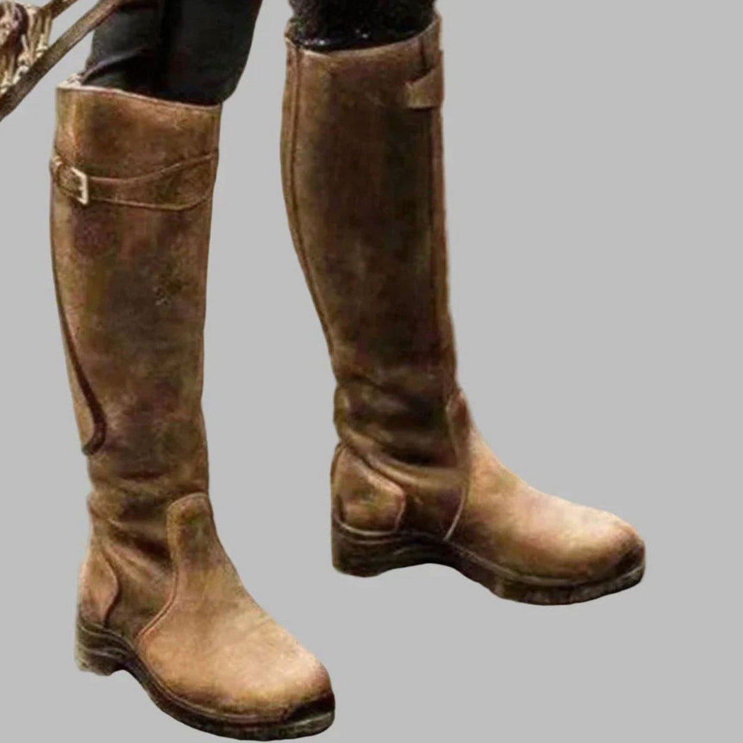 Women's Knee High Orthopaedic Leather Boots Cushioned Footbed - Brown