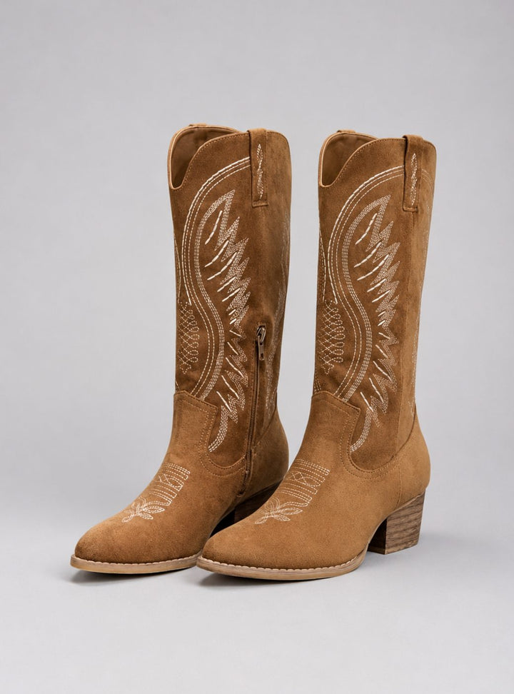 Women's Knee-High Suede Cowboy Boots Block Heel Western - Brown