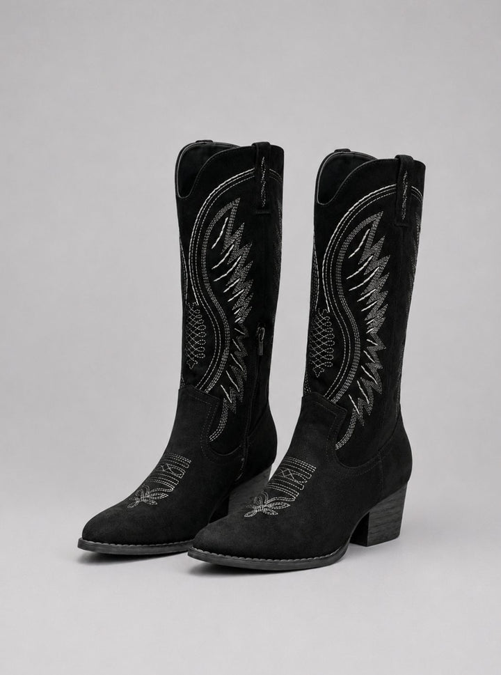 Women's Knee-High Suede Cowboy Boots Block Heel Western - Black