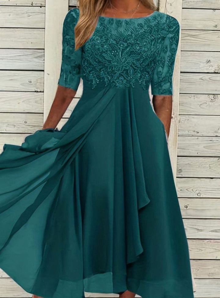 Women's Lace Bodice Chiffon A-Line Midi Cocktail Dress - Dark Green