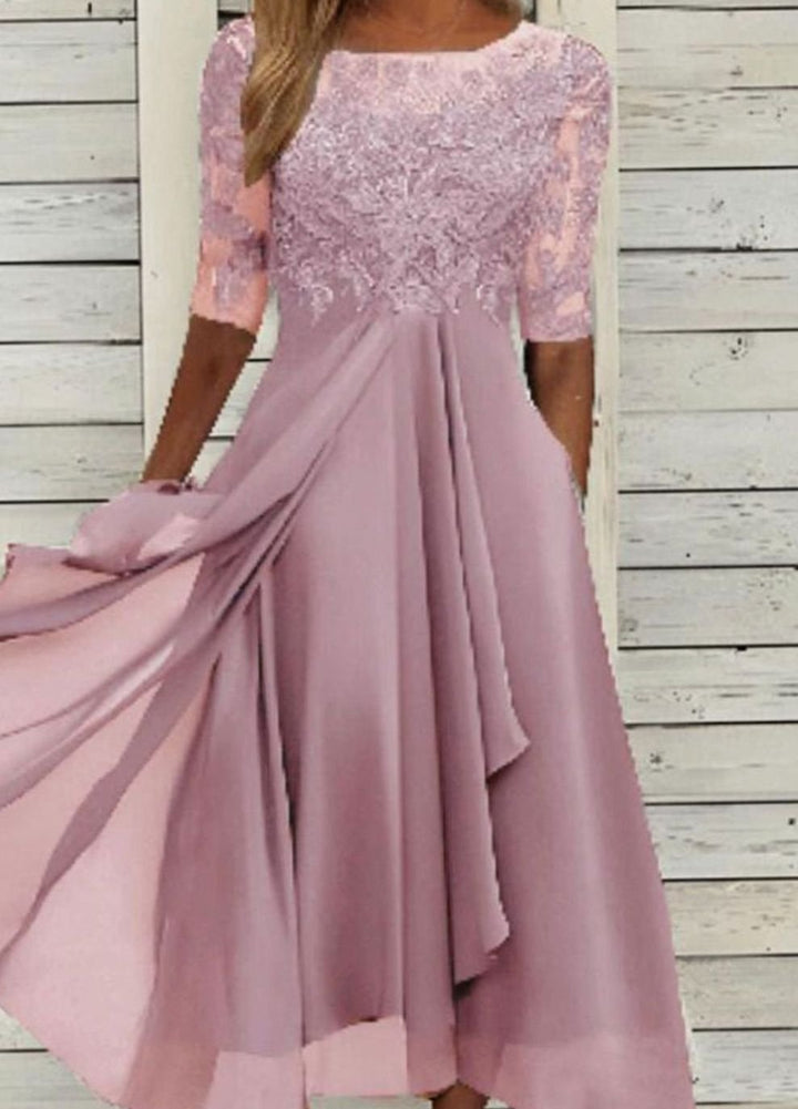 Women's Lace Bodice Chiffon A-Line Midi Cocktail Dress - Pink