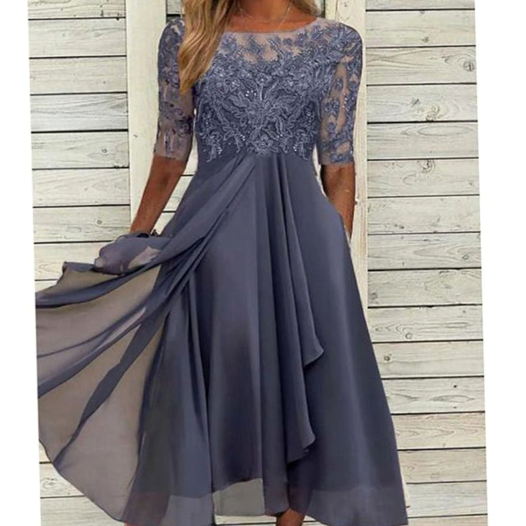 Women's Lace Bodice Chiffon A-Line Midi Cocktail Dress - Purple
