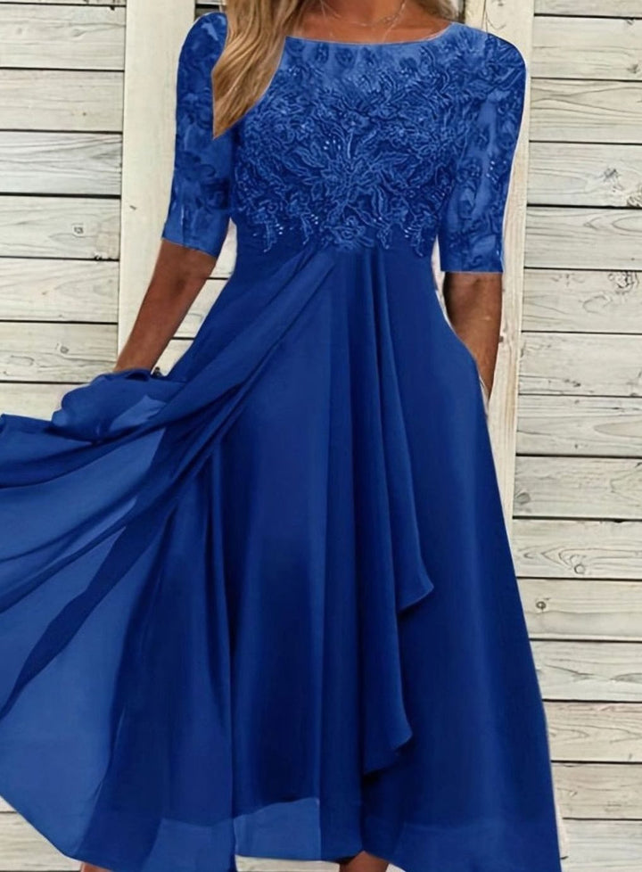 Women's Lace Bodice Chiffon A-Line Midi Cocktail Dress