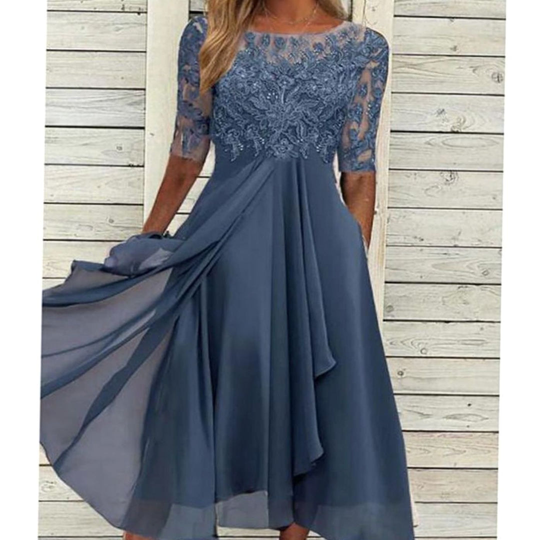 Women's Lace Bodice Chiffon A-Line Midi Cocktail Dress