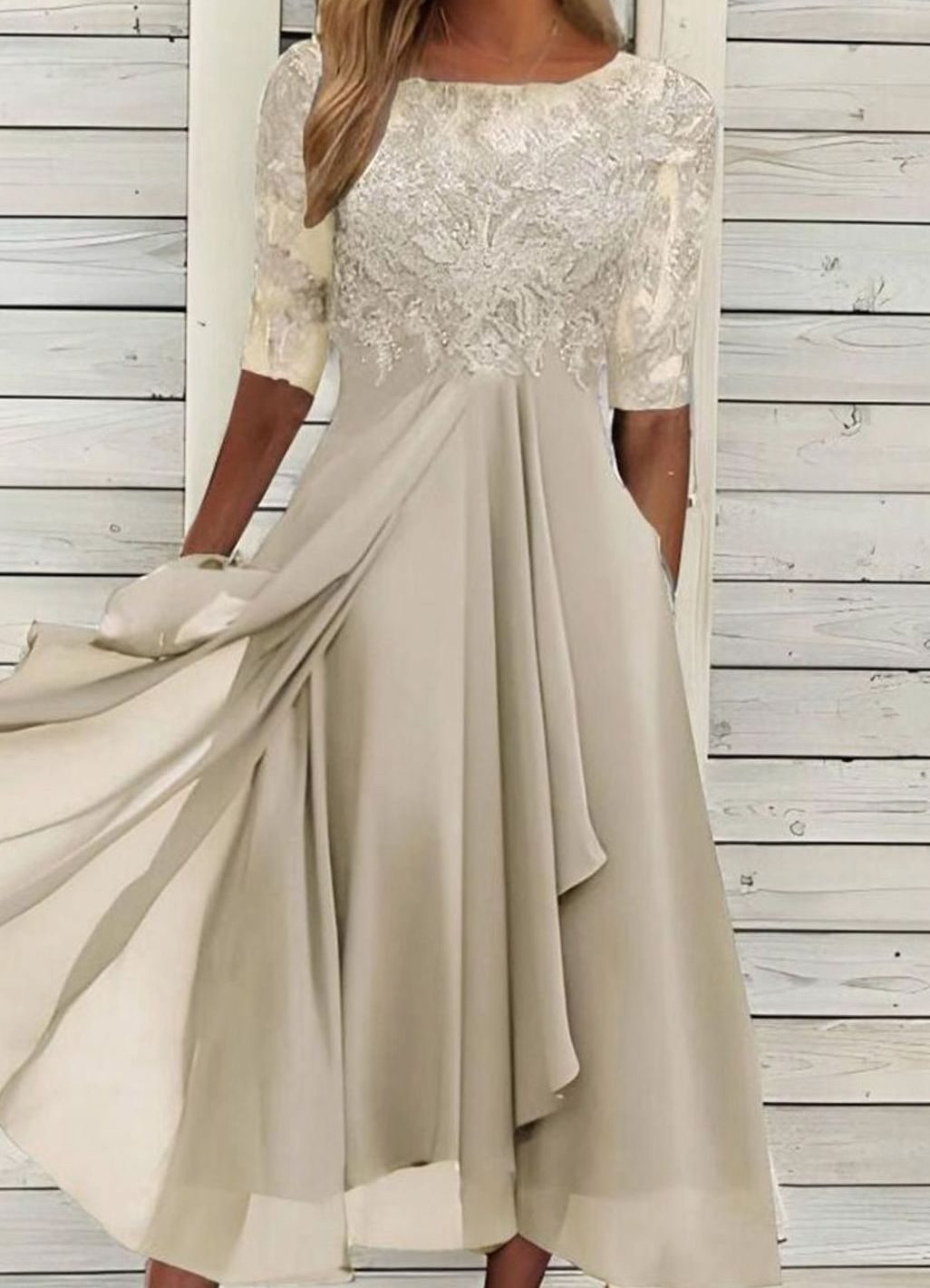Women's Lace Bodice Chiffon A-Line Midi Cocktail Dress - Gold