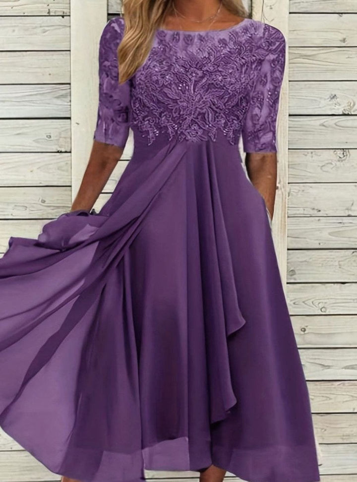 Women's Lace Bodice Chiffon A-Line Midi Cocktail Dress - Lilac