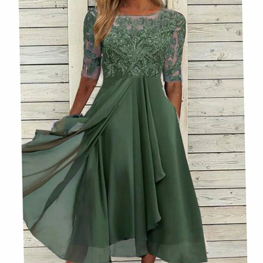 Women's Lace Bodice Chiffon A-Line Midi Cocktail Dress - Green