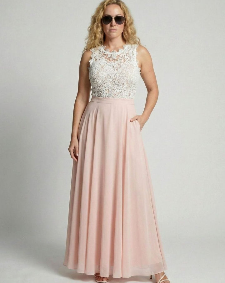 Women's Lace Bodice Chiffon Maxi Dress Sleeveless A-Line Gown - Blush Pink
