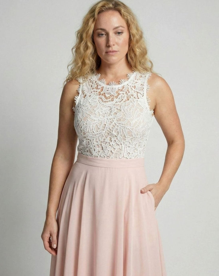 Women's Lace Bodice Chiffon Maxi Dress Sleeveless A-Line Gown