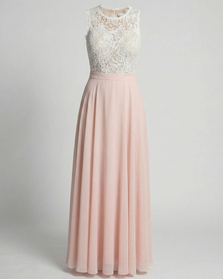 Women's Lace Bodice Chiffon Maxi Dress Sleeveless A-Line Gown