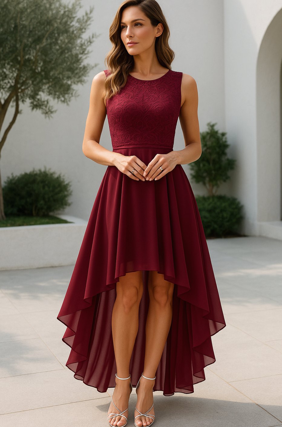 Women's Lace Bodice Sleeveless High-Low Cocktail Dress - Wine Red