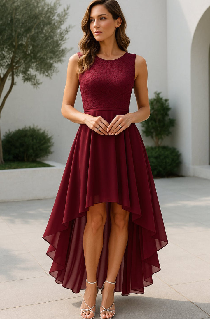 Women's Lace Bodice Sleeveless High-Low Cocktail Dress - Wine Red