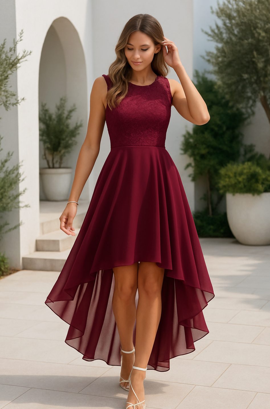 Women's Lace Bodice Sleeveless High-Low Cocktail Dress