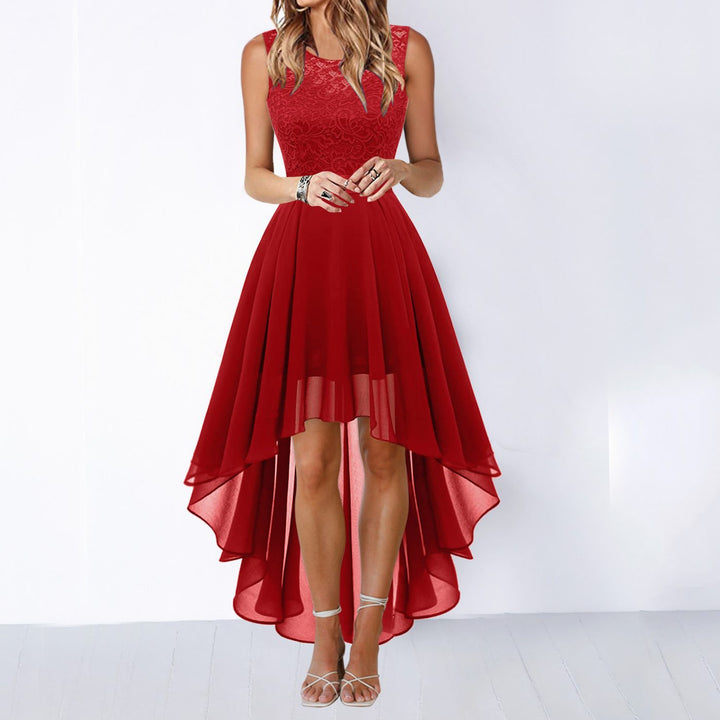 Women's Lace Bodice Sleeveless High-Low Cocktail Dress - Red
