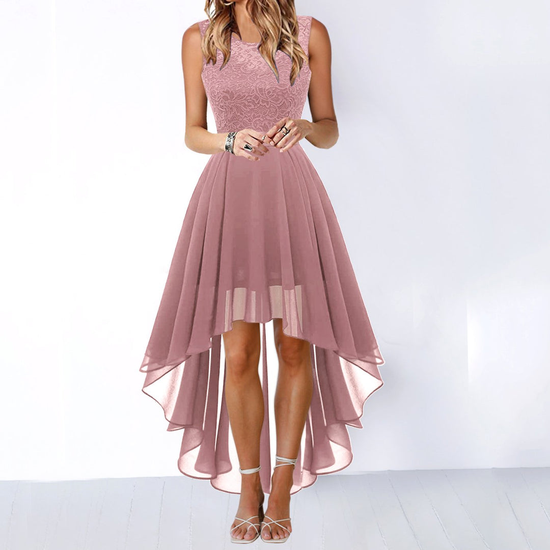 Women's Lace Bodice Sleeveless High-Low Cocktail Dress - Dark Pink