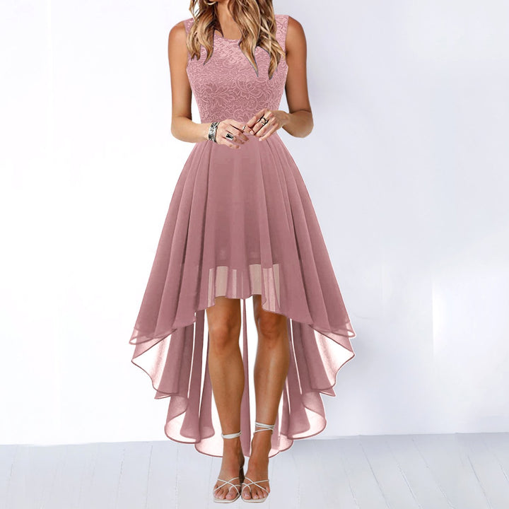 Women's Lace Bodice Sleeveless High-Low Cocktail Dress - Dark Pink
