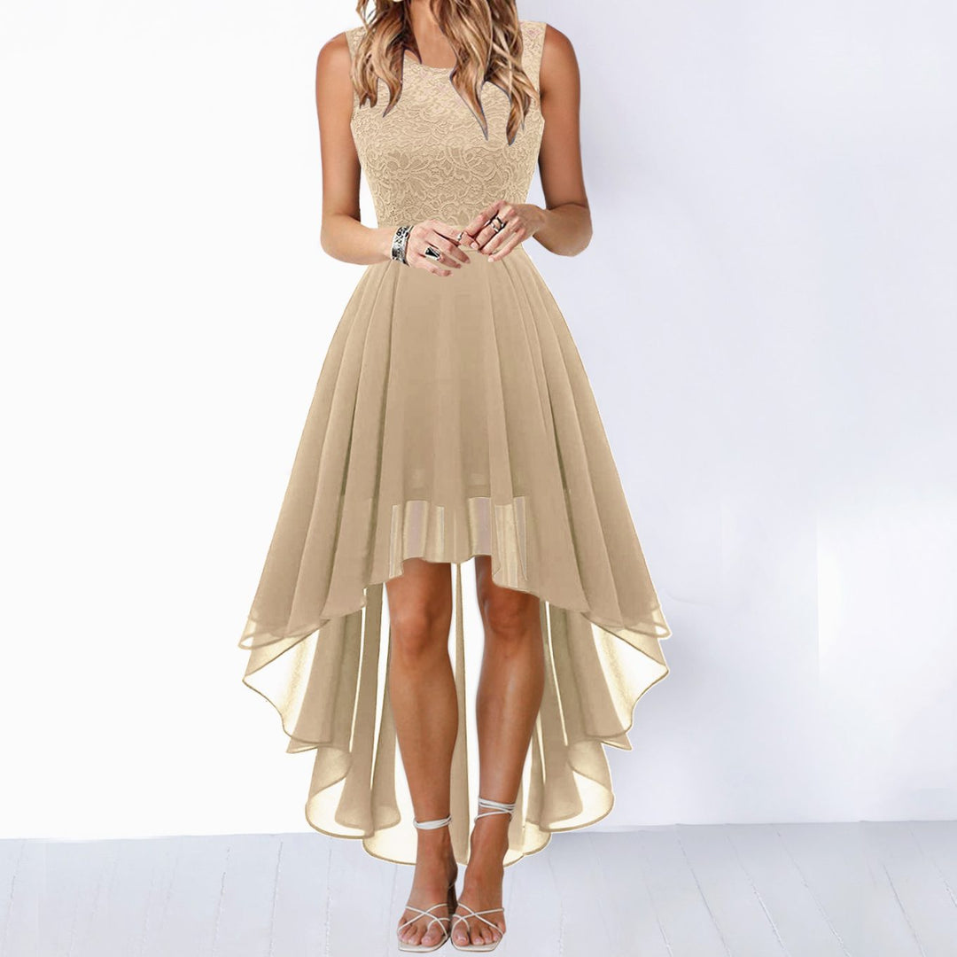 Women's Lace Bodice Sleeveless High-Low Cocktail Dress - Gold