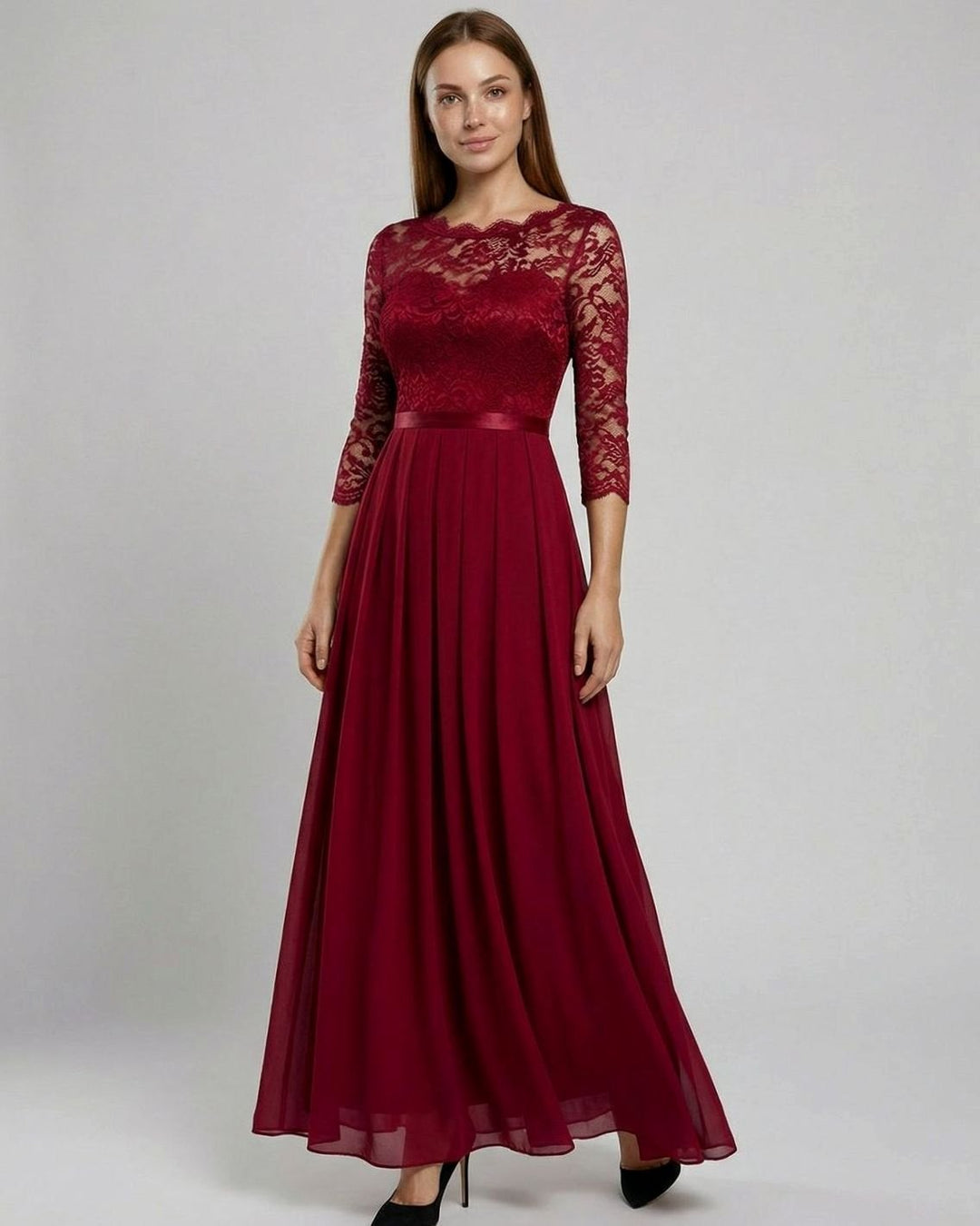 Women's Lace Bodice Three-Quarter Sleeve Chiffon Maxi Dress - Red