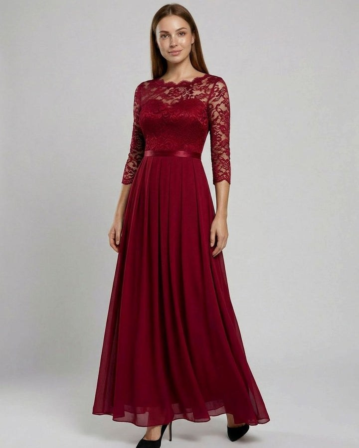 Women's Lace Bodice Three-Quarter Sleeve Chiffon Maxi Dress - Red