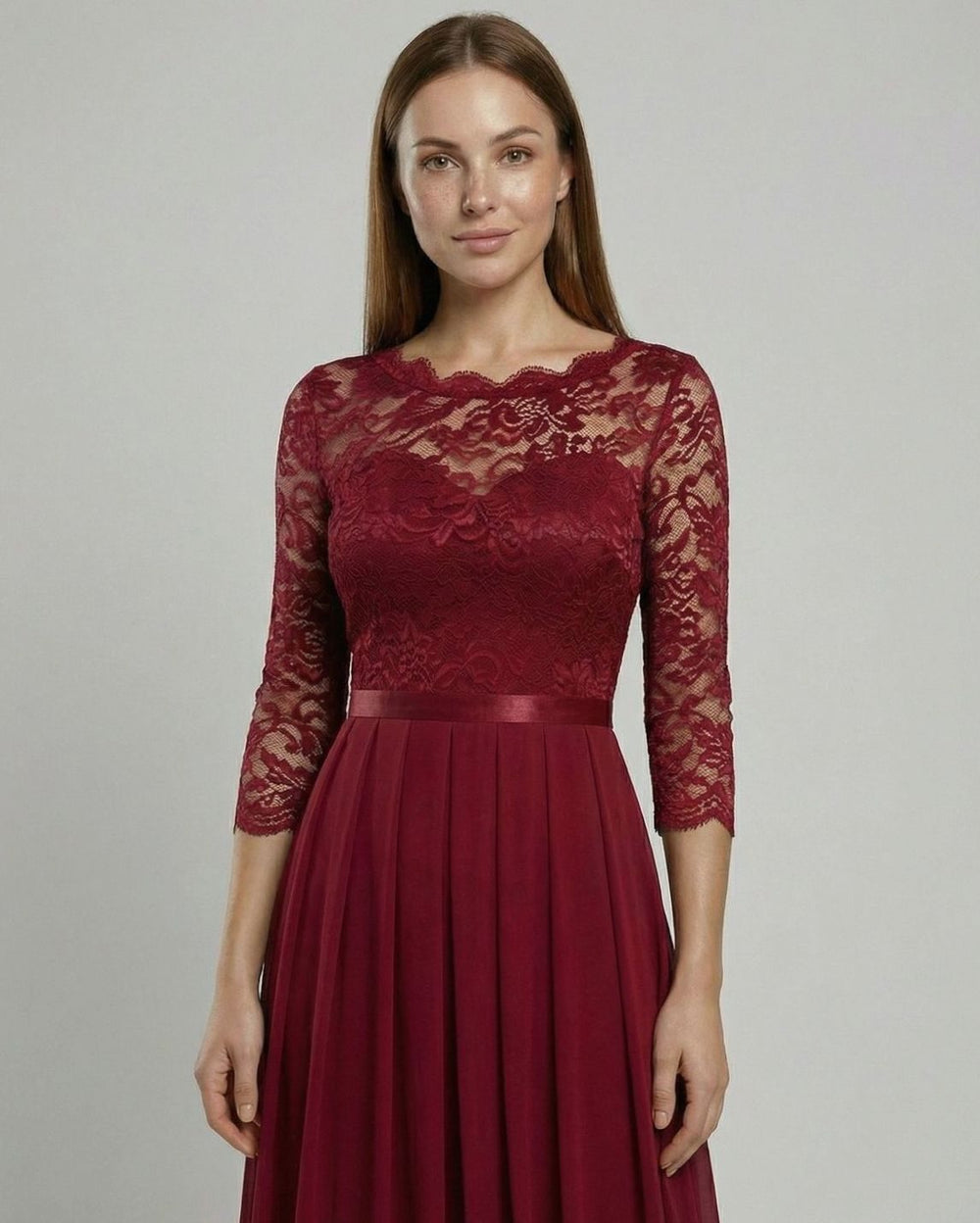 Women's Lace Bodice Three-Quarter Sleeve Chiffon Maxi Dress