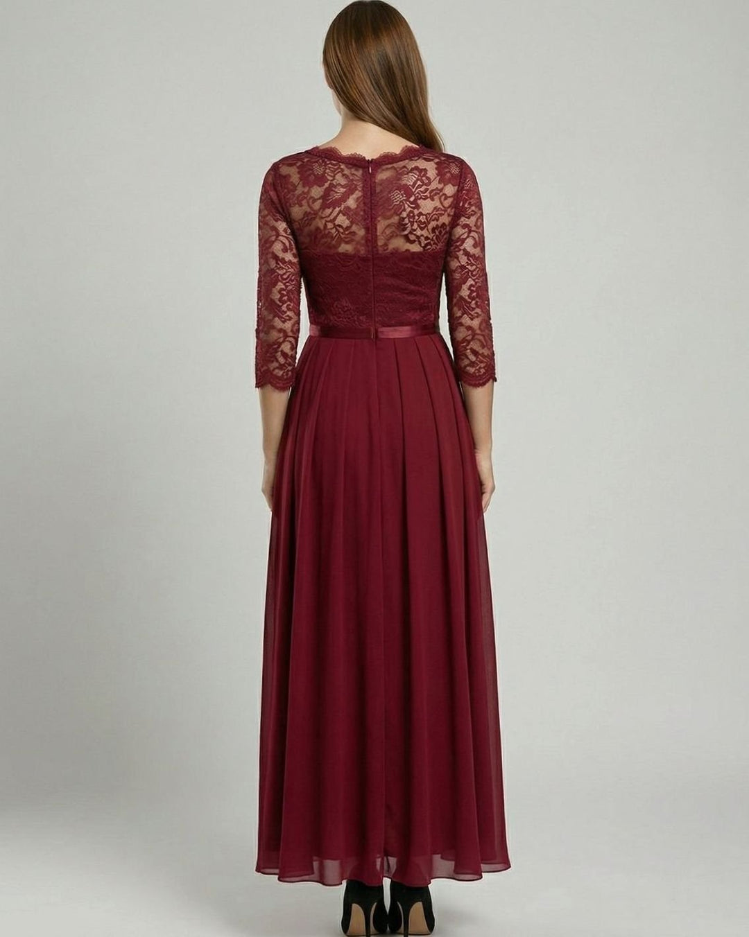 Women's Lace Bodice Three-Quarter Sleeve Chiffon Maxi Dress
