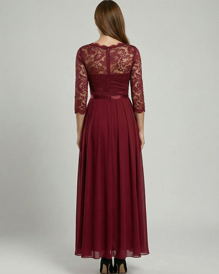 Women's Lace Bodice Three-Quarter Sleeve Chiffon Maxi Dress
